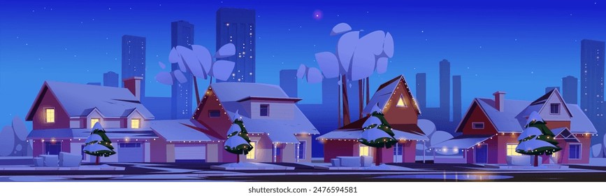 Winterschneedorf mit Vorort Haus Landschaft Hintergrund. Landschaftsdesign für Nachturlaub mit Stadt-Wolkenkratzer-Silhouette und Stadtteilblick. Weihnachtsmusiken Abend mit Hütte und Girlande auf Straße Cartoon