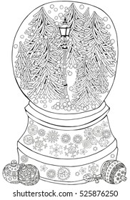 Winter Snowball. Adult Coloring book page in vector. Lantern shines at night. Firs. Christmas trees. Xmas holiday coloring book. A4 size. Black and white. Adult coloring  with winter background