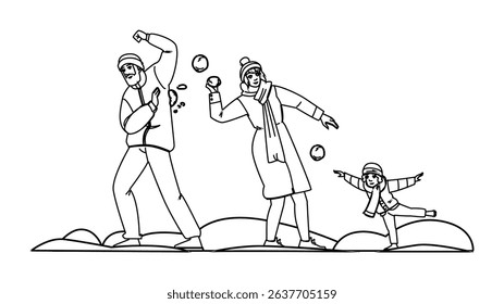 winter snowball fight family vector. fun outdoors, play laughter, tradition cold winter snowball fight family character. people black line pencil drawing illustration