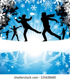 Winter Snowball Fight. Illustration of a group of Boys enjoying a snowball fight in a downfall of snow. 