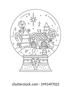 Bola de nieve de invierno con casa de pan de jengibre, dulces y árboles de navidad. Ilustración vectorial para la terapia artística, libro de colorear antiestrés para adultos y niños. Colorido de la página.