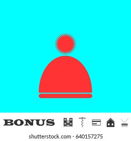 Winter snowboard cap icon flat. Red pictogram on blue background. Vector illustration symbol and bonus buttons Music center, corkscrew, credit card, house, drum