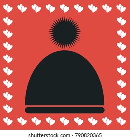 Winter snowboard cap icon flat. Simple black pictogram on red background with white hearts for valentines day. Vector illustration symbol