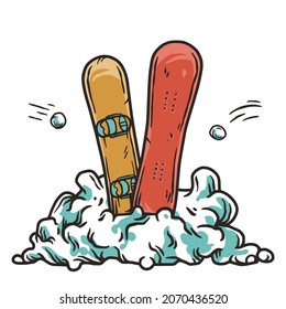 Winter snowboard in snowdrift for print design. Snow ice design with snowball for merry christmas holiday or new year