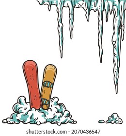 Winter snowboard in snowdrift for print design. Snow design set with ice icicles for merry christmas holiday or new year