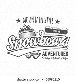 Winter snowboard sports label, t-shirt. Vintage mountain style shirt design. Outdoor adventure typography and snowboarding graphic tee. Hipster monochrome insignia. Vector clothing apparel.