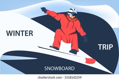 Winter snowboard trip. Snowboarder in a bright suit, helmet - abstract background - illustration, vector. Winter sport. Sports banner.