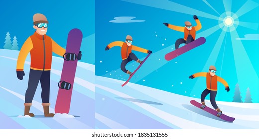 Winter snowboarder character with different jump poses in vector illustration
