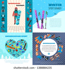 Winter snowboarding equipment banner set. Flat illustration of winter snowboarding equipment vector banner set for web design