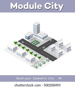 Winter snowbound landscape 3d isometric urban city. Town center map with buildings,shops and roads on the plane.
