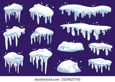 Winter snowcap mega set elements in flat graphic design. Collection objects of snow caps with frozen icicles, white and blue snowy borders at house roof and seasonal decoration. Vector illustration.