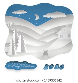 Winter snow-capped mountains with clouds and a house, which is watched by an owl.