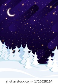 Bosque cubierto de nieve en invierno sobre el fondo de un hermoso cielo estrellado. Noche en el bosque invernal. El fir blanco en la nieve en invierno. Ilustración vertical.