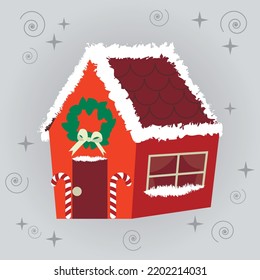 Casa cubierta de nieve en invierno. Luminosa casa de pan de jengibre para Navidad y Año Nuevo. Decoración para las vacaciones de invierno. Ilustración vectorial aislada. ¡Feliz Navidad y Feliz Año Nuevo!