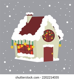 Winter snow-covered house. Bright gingerbread house for Christmas and New Year. Decorations for the winter holiday. Isolated vector illustration. Merry Christmas and Happy New Year!