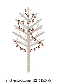 Winter snow-covered tree without foliage with a garland.