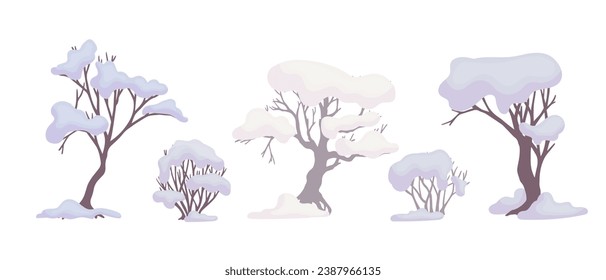 Winter snow-covered trees and bushes. Seasonal elements for decor and landscapes. Vector graphics.