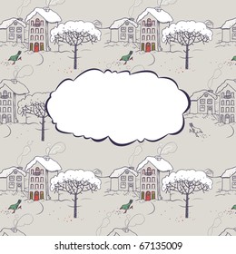 Winter snow-covered village with a bird and a tree. Seamless pattern and greeting card
