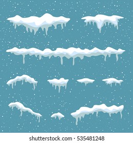 Winterschneefall auf blauem Hintergrund. Schneekopfelement. Cartoon Eis und Icicle. Weihnachten- und Neujahrsvorlage