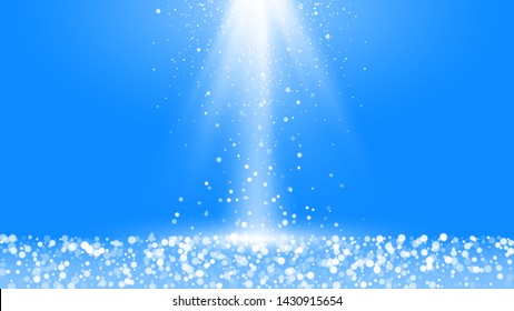 Winter snowfall with blurred elements. Festive vibrant background with snow and shiny rays. Vector illustration isolated on blue background