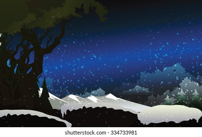 Winter snowfall drop mountain on blue background