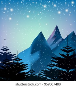 Winter snowfall drop mountain on blue background