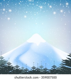 Winter snowfall drop mountain on blue background