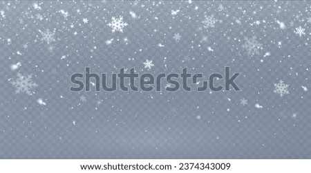 Winter snowfall effect of falling white snow flakes and shining, Snow and snowflakes on transparent background. New Year snowstorm or blizzard realistic backdrop. Christmas or Xmas holidays.	