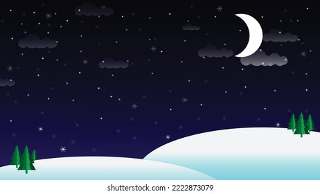 Winterschneefall um Mitternacht mit Mond und Sternen auf HimmelsVektorhintergrund
