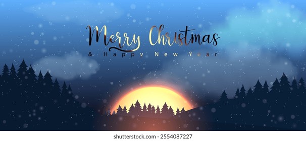 Winter snowfall morning sky horizontal background of sun or moon. Snowy cloudy forest vector landscape. Snow flakes light effect header banner. Merry Christmas design mystical holiday evening cover