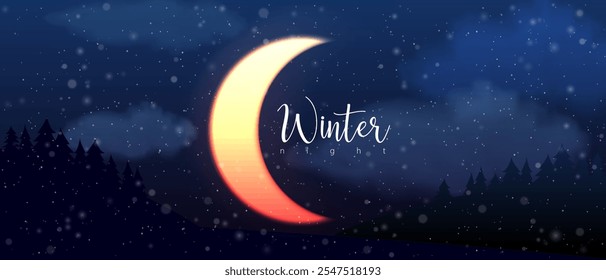 Winter snowfall night sky horizontal background of half moon. Moonlight nature forest vector landscape. Snowy light effect abstract header banner. Christmas design mystical holiday night cover, cloud