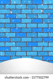 Winter snowfall on blue brick wall background. Christmas snowy hill. Holiday snowdrift backdrop. Big and small snowflakes falling