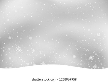 Winter snowfall on gray background. Frosty close-up wintry snowflakes. Ice shape snowdrift. Christmas holiday decoration backdrop