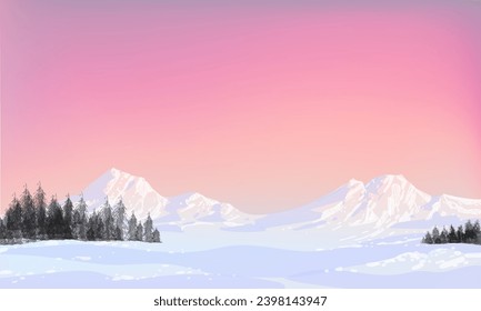 Winter snowfall on light blue  gradient landscape illustration. Trees, house in cold winter chistmas and New year background.