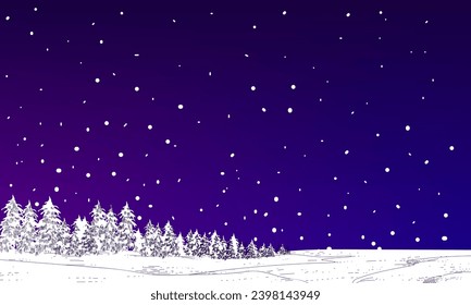 Winter snowfall on light blue  gradient landscape illustration. Trees, house in cold winter chistmas and New year background.