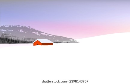 Winter snowfall on light blue  gradient landscape illustration. Trees, house in cold winter chistmas and New year background.