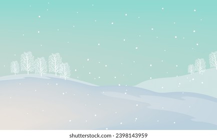 Winter snowfall on light blue  gradient landscape illustration. Trees, house in cold winter chistmas and New year background.