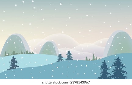 Winter snowfall on light blue  gradient landscape illustration. Trees, house in cold winter chistmas and New year background.