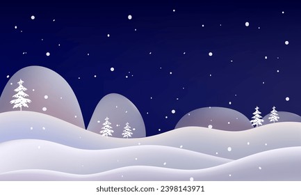 Winter snowfall on light blue  gradient landscape illustration. Trees, house in cold winter chistmas and New year background.