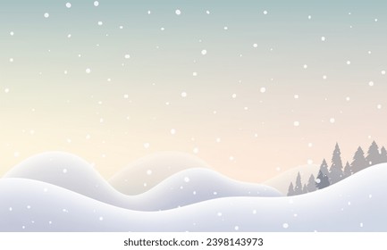Winter snowfall on light blue  gradient landscape illustration. Trees, house in cold winter chistmas and New year background.