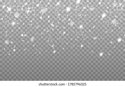 Winter snowfall. Realistic falling snowflakes. Vector heavy snowfall, snowflakes of different shapes.
