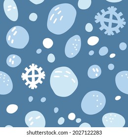 Winter snowfall seamless pattern. Snow balls and snowflakes on blue background. Vector illustration for cloth, fabric, textile print, wrapping paper, wallpapers, coverage etc.