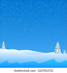 Winter snowfall and snowflakes on light blue background. Cold winter Christmas and New Year background. Vector illustration. Blue hills winter snowy landscape with hand lettering of Happy Holidays.