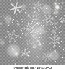 Winter snowfall and snowflakes on transparent background. White snowflakes fly in the air. Christmas snow. Vector heavy snowfall, snowflakes in various shapes and forms.