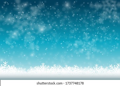 Winter Snowfall and snowflakes turquoise blue background. Cold winter Christmas and New Year background. Vector illustration.