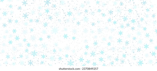 Winter Snowfall and snowflakes turquoise blue background. Cold winter Christmas and New Year background. Winter landscape with falling Christmas shining beautiful snow.