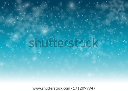 Winter Snowfall and snowflakes turquoise blue background. Cold winter Christmas and New Year background. Vector illustration.