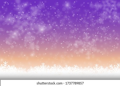 Winter Snowfall and snowflakes violet and orange gradient background. Cold winter Christmas and New Year background. Vector illustration.