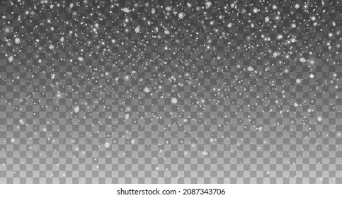 Winter snowfall or snowstorm, realistic Christmas falling snow on transparent background. White snowflakes with effect of cold ice flakes fall, Xmas and new year winter holiday snowfall overlay