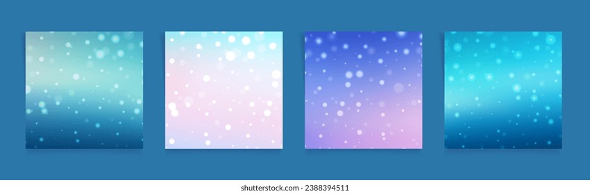 Winter snowfall square post set. Snowy gradient backgrounds for promo posts, banners with snowflakes, forest, trees on gradient blue, violet and pink colors set. Vector collection 
